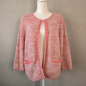 Chico's Tweed Lady Cardigan Jacket Pink 2/L Cotton Blend Knit Preppy Spring Chic